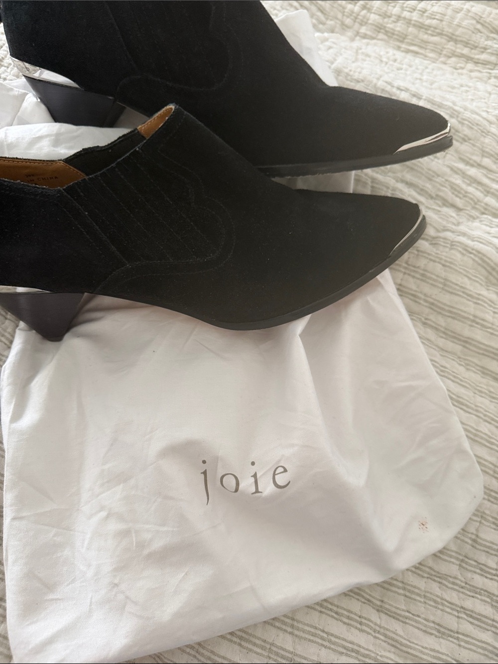 Joie Black Suede Pointed Toe Ankle Booties with Silver Toe Accent